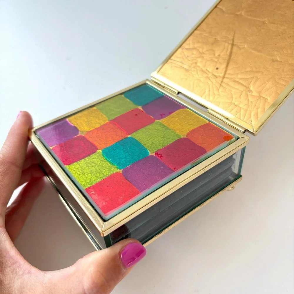 Vintage Glass Coaster Set 6pc Multi Color Patchwork Brass Tone Footed Box MCM